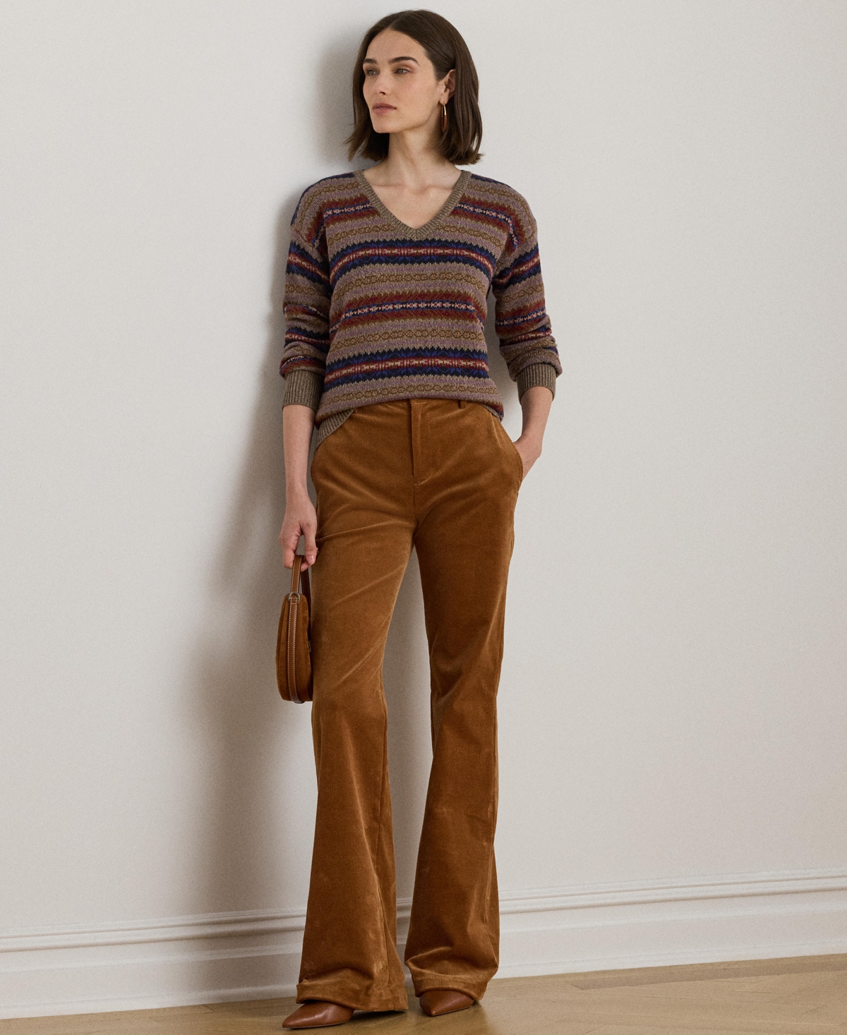 Ralph Lauren Womens Fair Isle V Neck Sweater P Xs Xxl In Brown