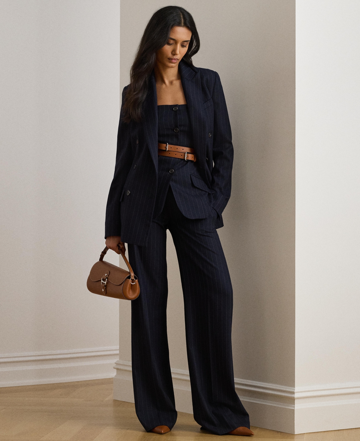 Ralph Lauren Pinstripe Wool-blend Twill Wide-leg Pant In Black