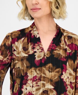 Floral-Print V-Neck Long-Sleeve Blouse, Regular & Petites