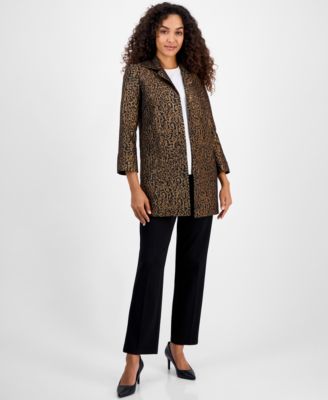 Leopard Jacquard Open-Front 3/4-Sleeve Topper, Regular & Petites