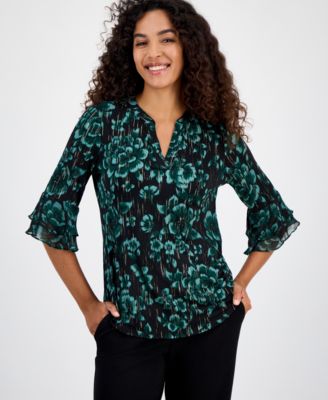 Kasper - Women's Floral Print Split-Neck Bell-Sleeve Blouse
