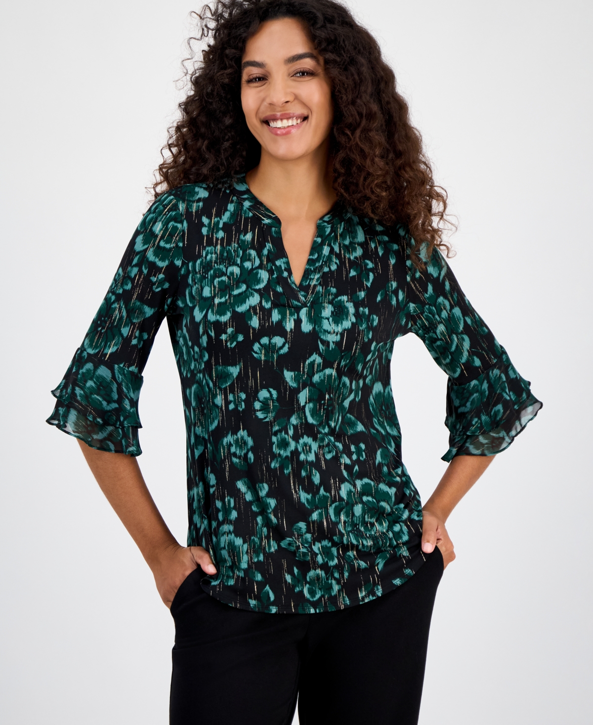 Kasper Women's Floral Print Split-Neck Bell-Sleeve Blouse