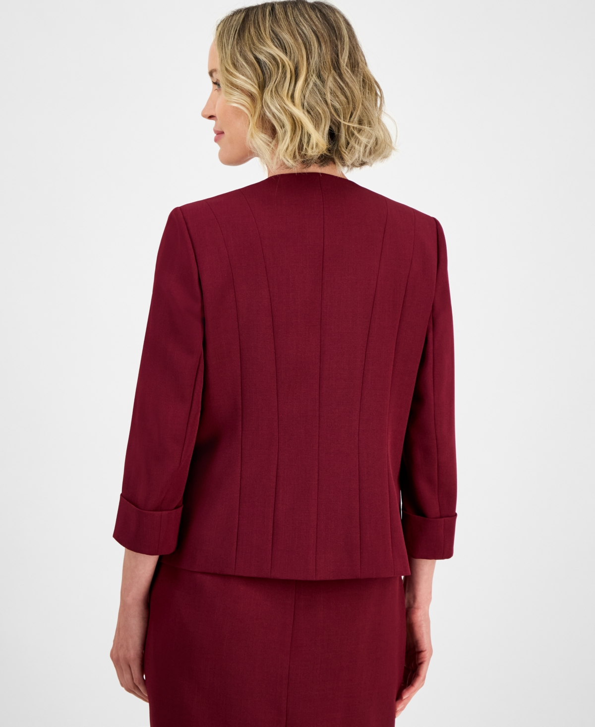 Kasper Women's Collarless Open-front Cuffed Jacket, Regular & Petite In Burgundy