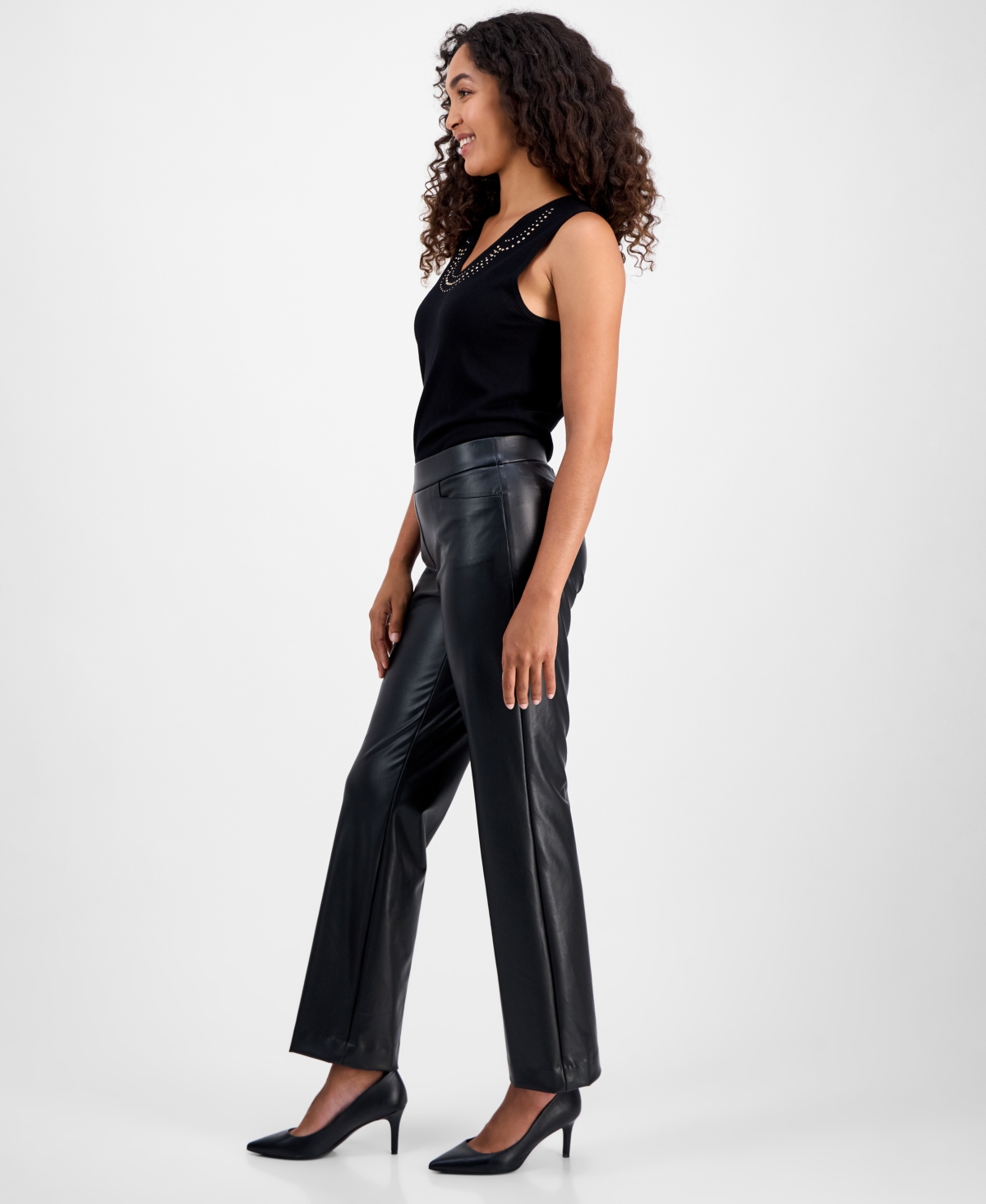 Kasper Faux-leather Mid-rise Straight-leg Pants, Regular & Petites In Black
