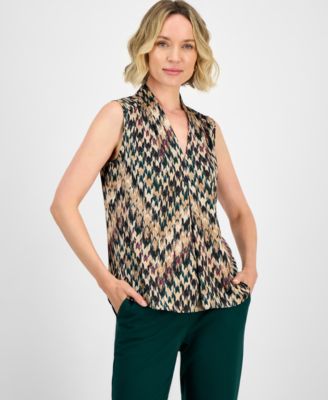 Kasper - Women's Chevron-Printed Satin V-Neck Blouse