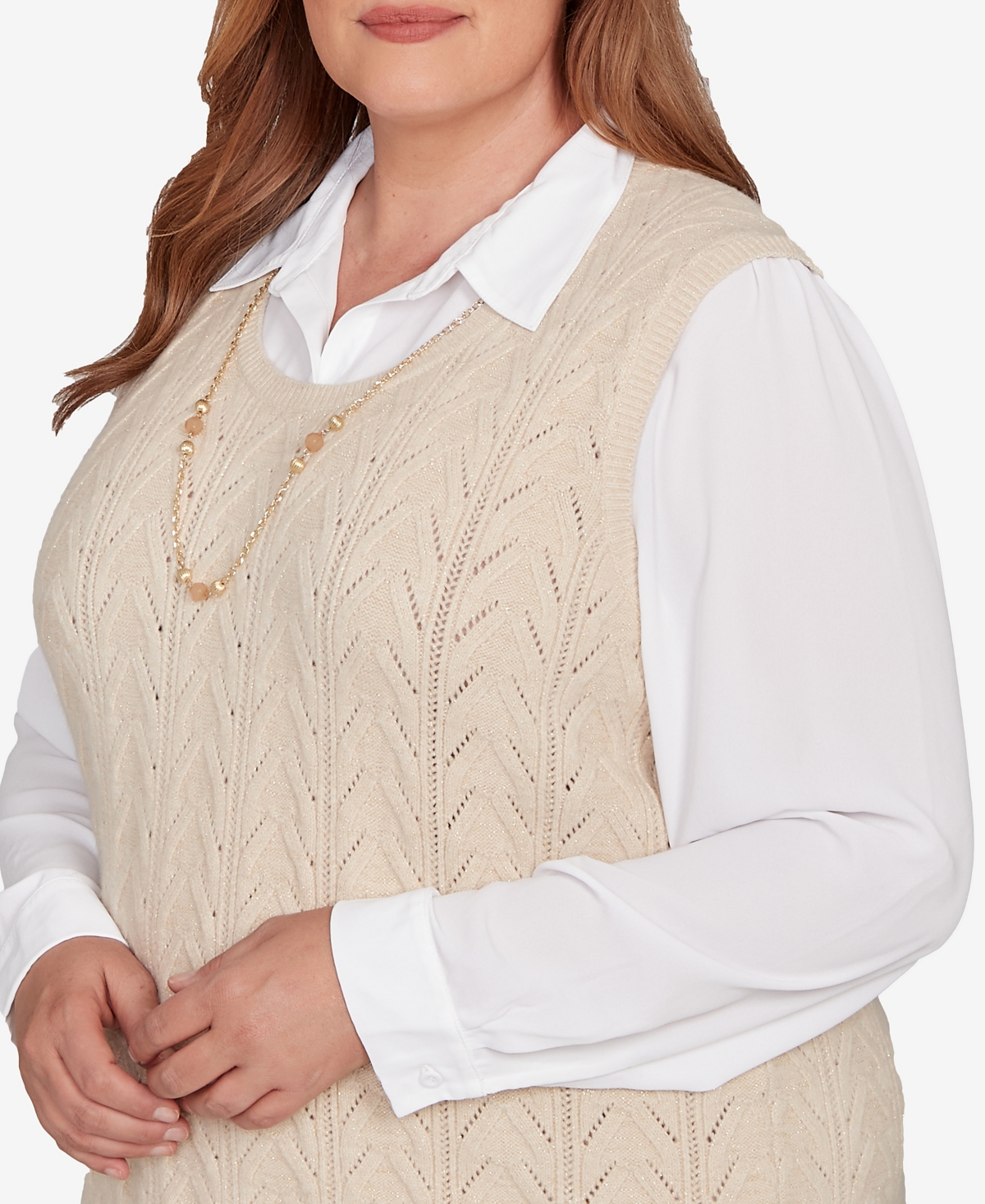 Alfred Dunner Plus Size Urban Legend Pointelle Texture Two In One Sweater With Necklace In Gray