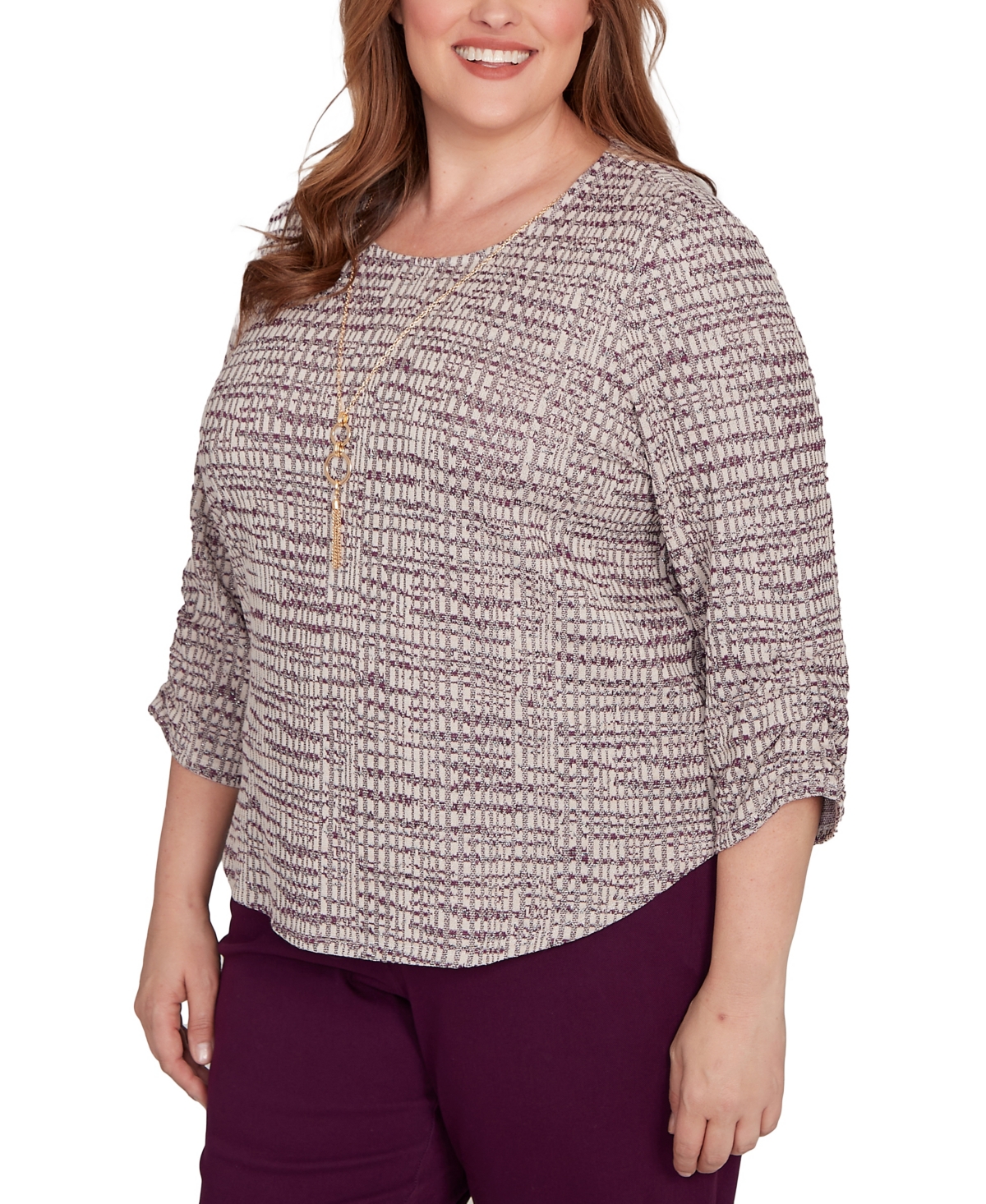 Alfred Dunner Plus Size Urban Legend Textured Shimmer Space Dye Top With Necklace In Multi