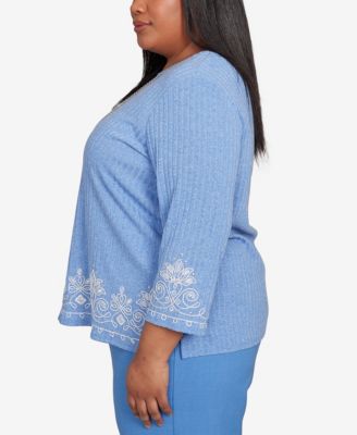 Plus Size As Usual Medallion Bordered Periwinkle Pull On Top with Necklace