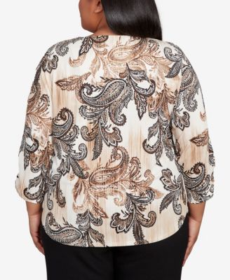 Plus Size Textured Paisley Ruched Sleeve Top