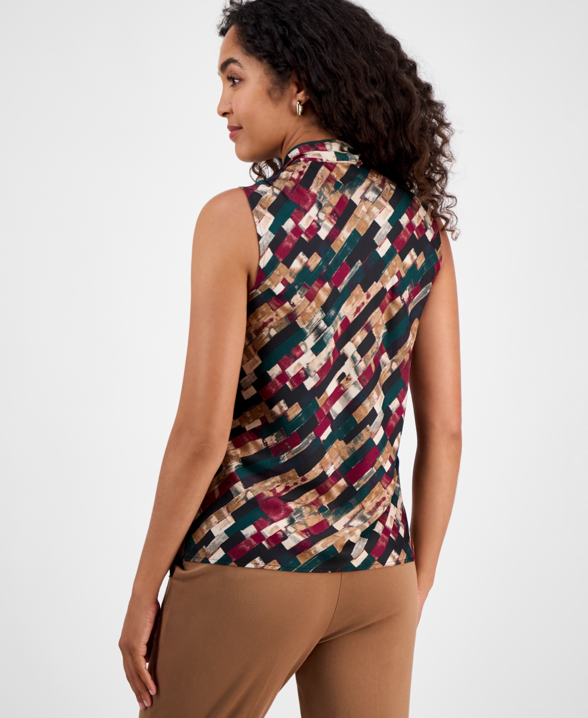 Kasper Geo-Print Satin Tie-Neck Sleeveless Top, Regular & Petites
