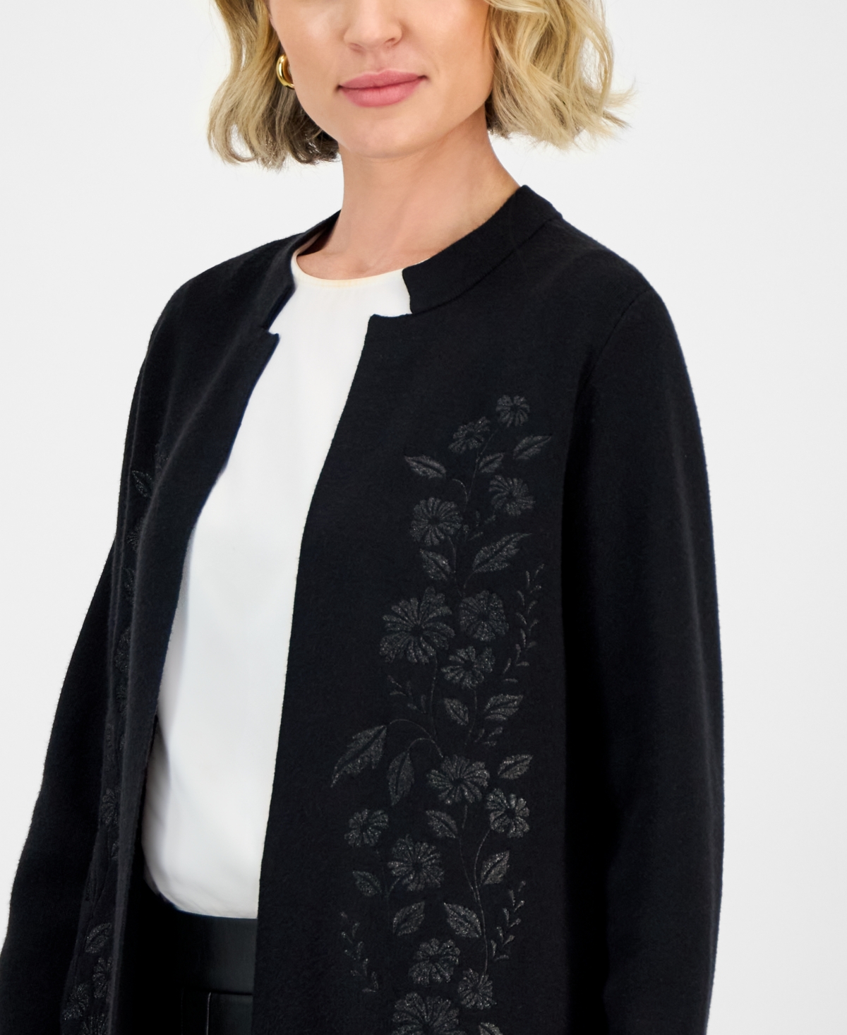 Kasper Women's Windowpane Open-front Cardigan In Black
