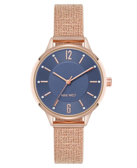 Женские часы Nine West Quartz Capital Navy and Rose Gold-Tone Stainless Steel Mesh, 34mm