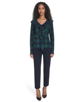 Women's Long Sleeve Plaid Mixed Media Ruffle Top