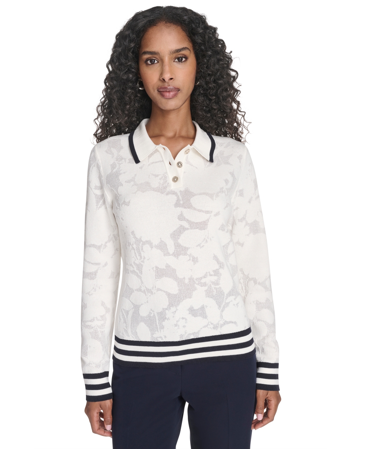 Tommy Hilfiger Women's Jacquard Long Sleeve Floral Sweater In White