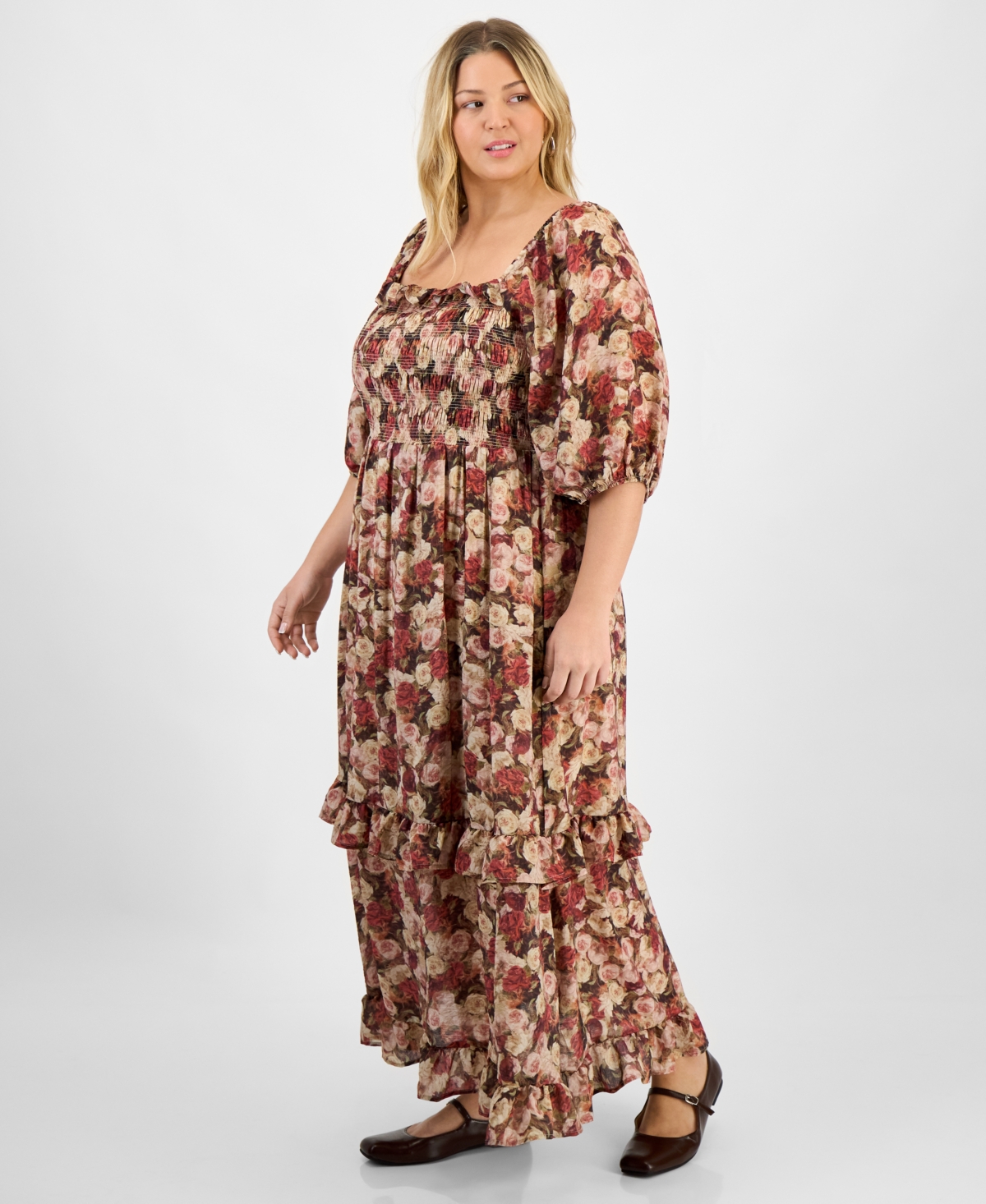 And Now This Trendy Plus Size Printed Puff-sleeve Maxi Dress, Macy's Exclusive In Brown