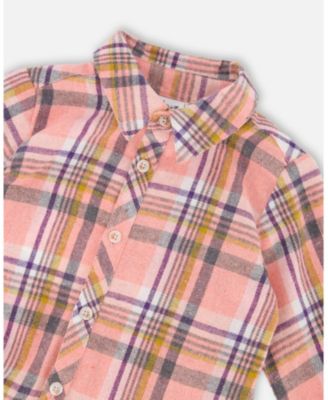 Big Girls Shirt Plaid Dress with Frill Pink, Yellow and Gray