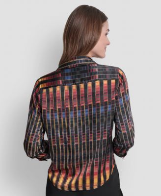 Women's Printed Satin Long Sleeve V-Neck Blouse