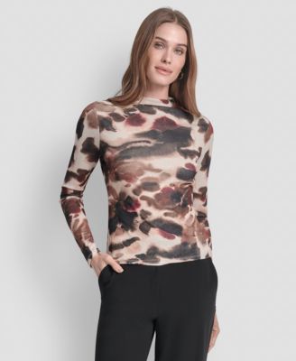 Women's Fitted Funnel Neck Tissue Mesh Long Sleeve Top