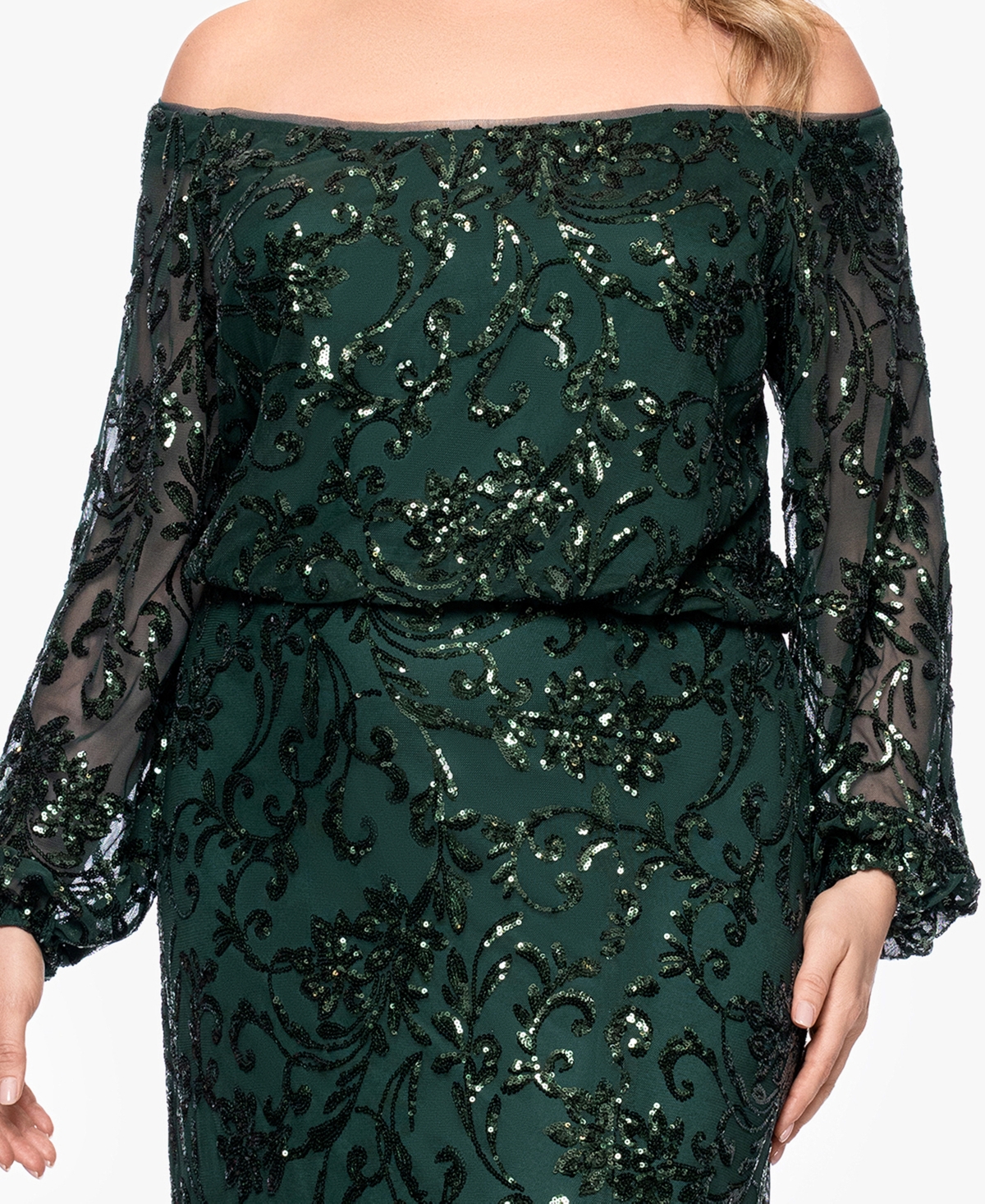Xscape Plus Size Sequin Off-the-shoulder Side-slit Gown In Green