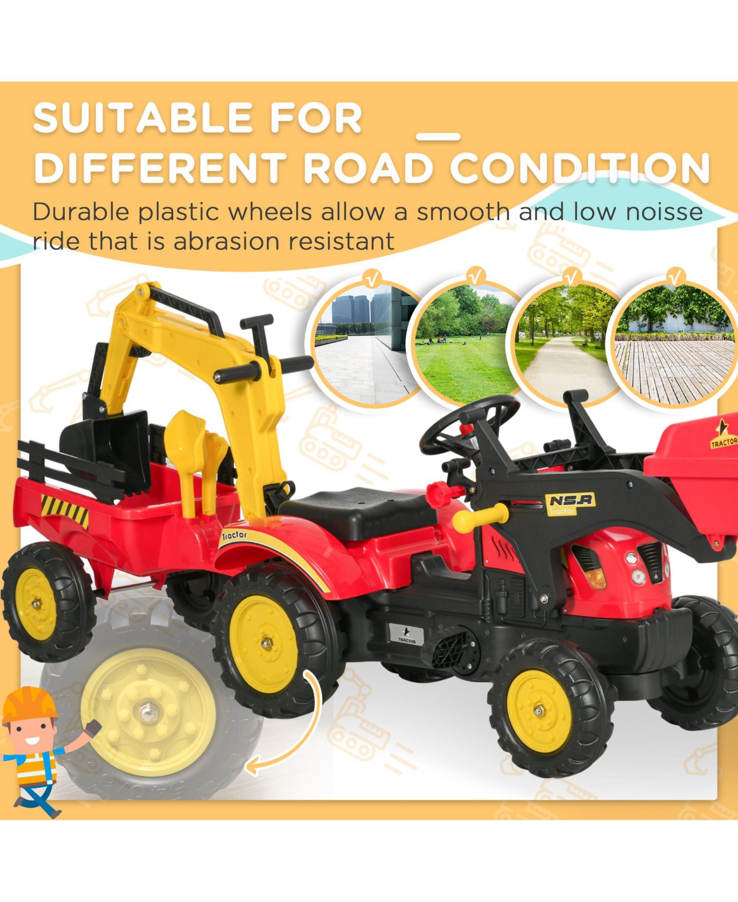 Детская игрушка Aosom Pedal Excavator Ride-On Toy, 70.5"L x 16.5"W x 23.25"H, 77 lbs Capacity, Ages 3+ — фото 8