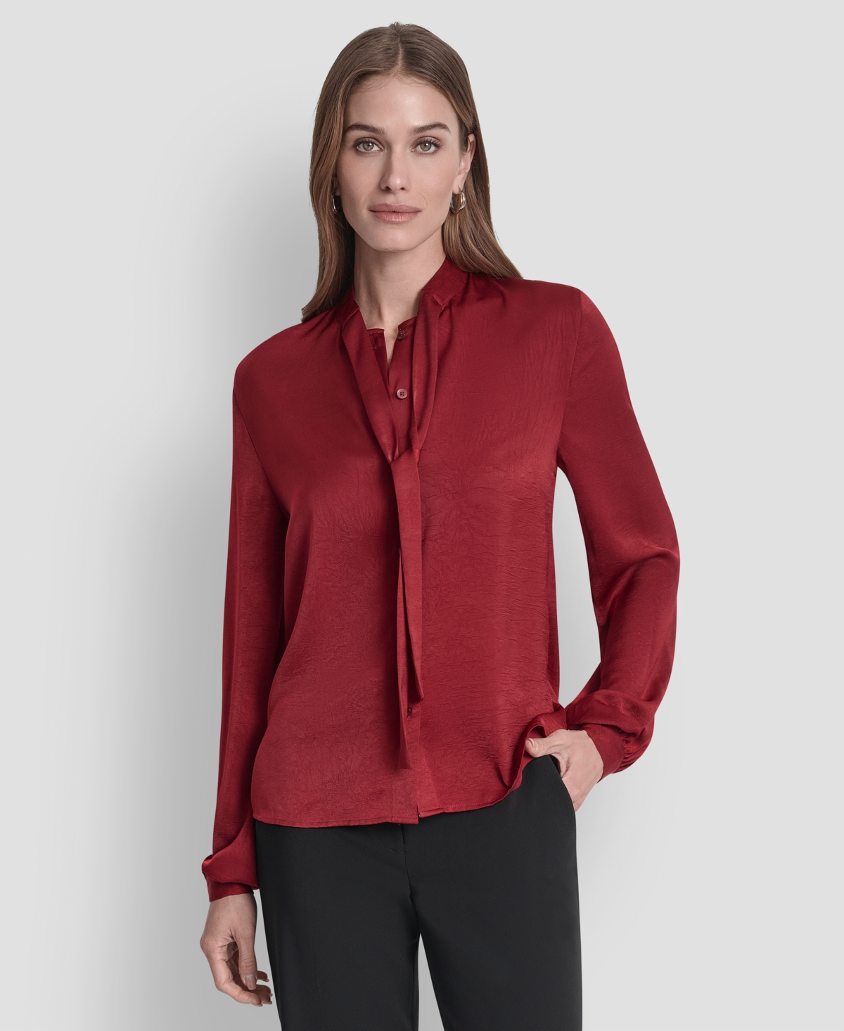 Dkny Women's Crushed Satin Long Sleeve Blouse In Red