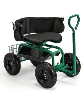 Rolling Garden Cart Height Adjustable Scooter with Swivel Seat & Tool Storage