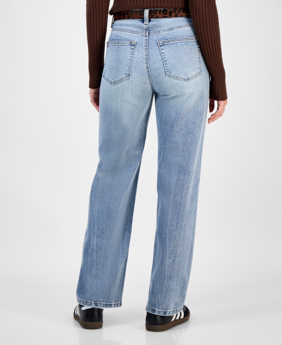 Tinseltown Juniors' Belted Slim-fit Wide-leg Jeans In Blue