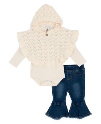 Baby Girls 3-Piece Hooded Poncho, Bodysuit and Denim Leggings Set