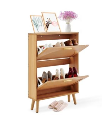 Shoe Cabinet with 2 Flip Drawers and Rattan Doors, Freestanding Entryway Organizer
