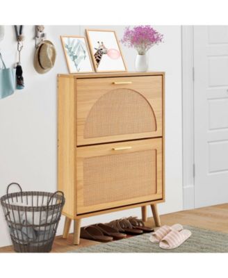 Shoe Cabinet with 2 Flip Drawers and Rattan Doors, Freestanding Entryway Organizer