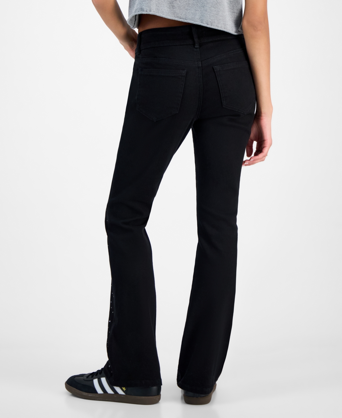 Madden Girl Juniors' Rhinestone Embellished Mid Rise Bootcut Jeans
