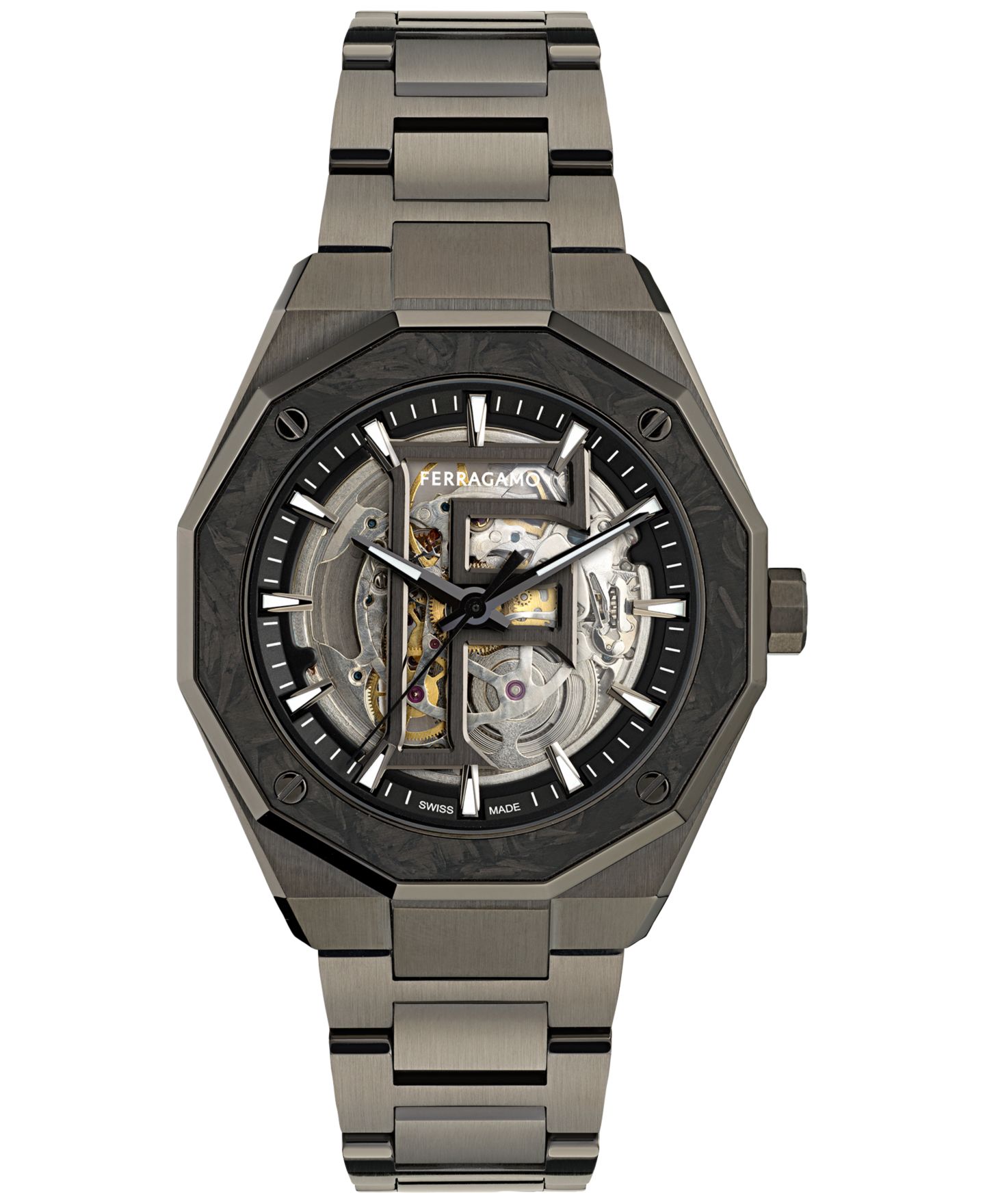 Мужские часы-скелетон Ferragamo Automatic Edge на браслете Gunmetal, 42 мм — фото 1