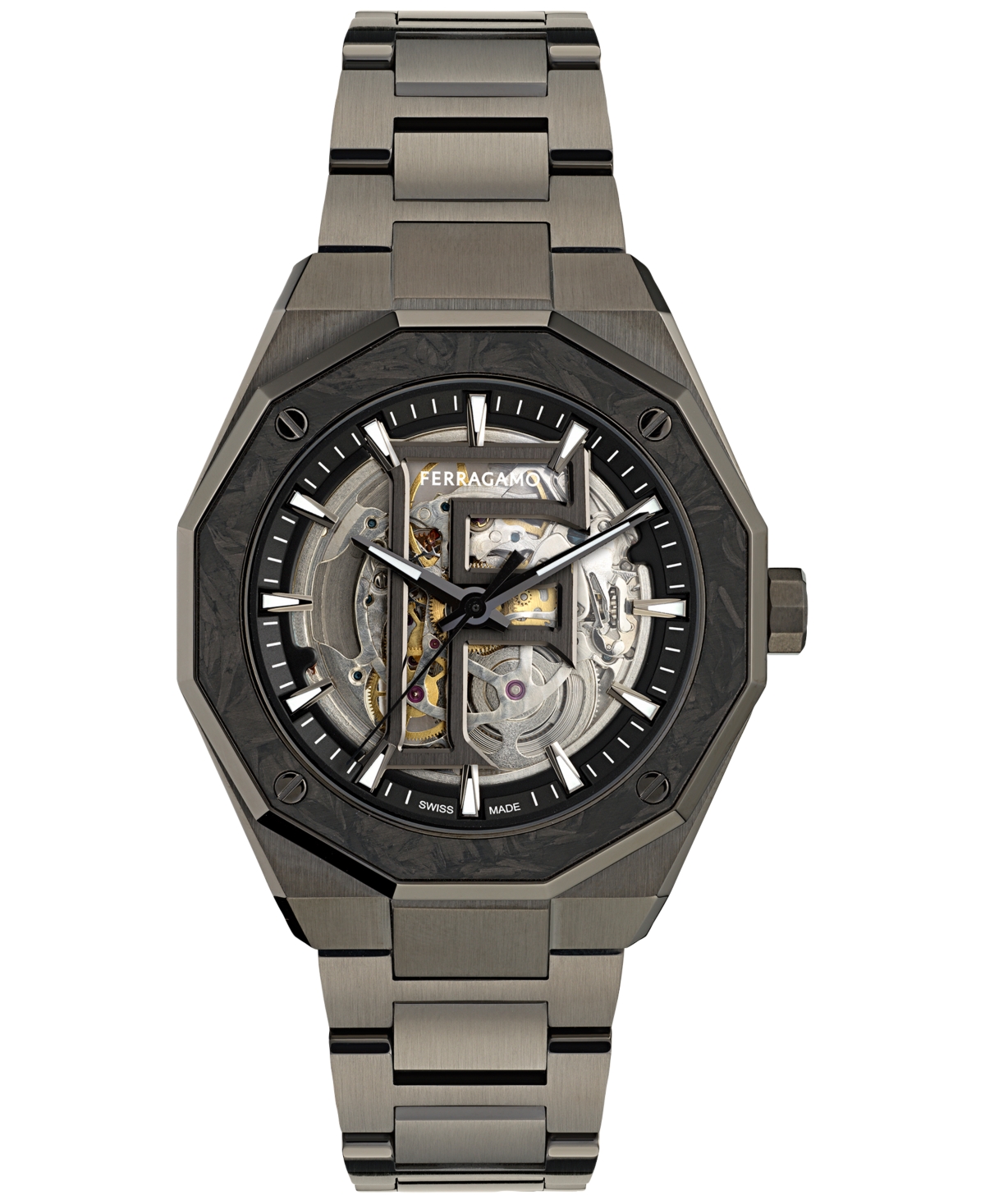 Ferragamo Men's Swiss Automatic Edge Skeleton Gunmetal Ion Plated Bracelet Watch 42mm