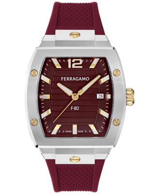 Ferragamo - Men's Swiss F-80 Tonneau Burgundy Polyurethane Strap Watch 42mm