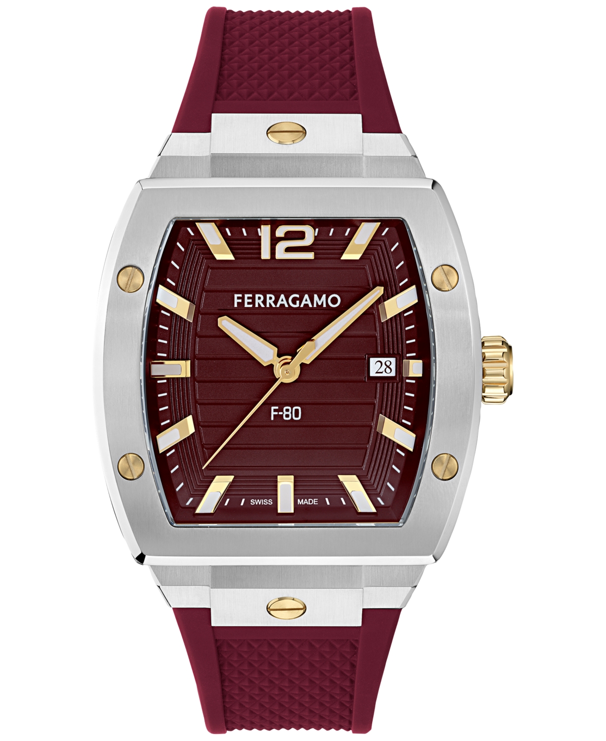 Ferragamo Men's Swiss F-80 Tonneau Burgundy Polyurethane Strap Watch 42mm In Brown