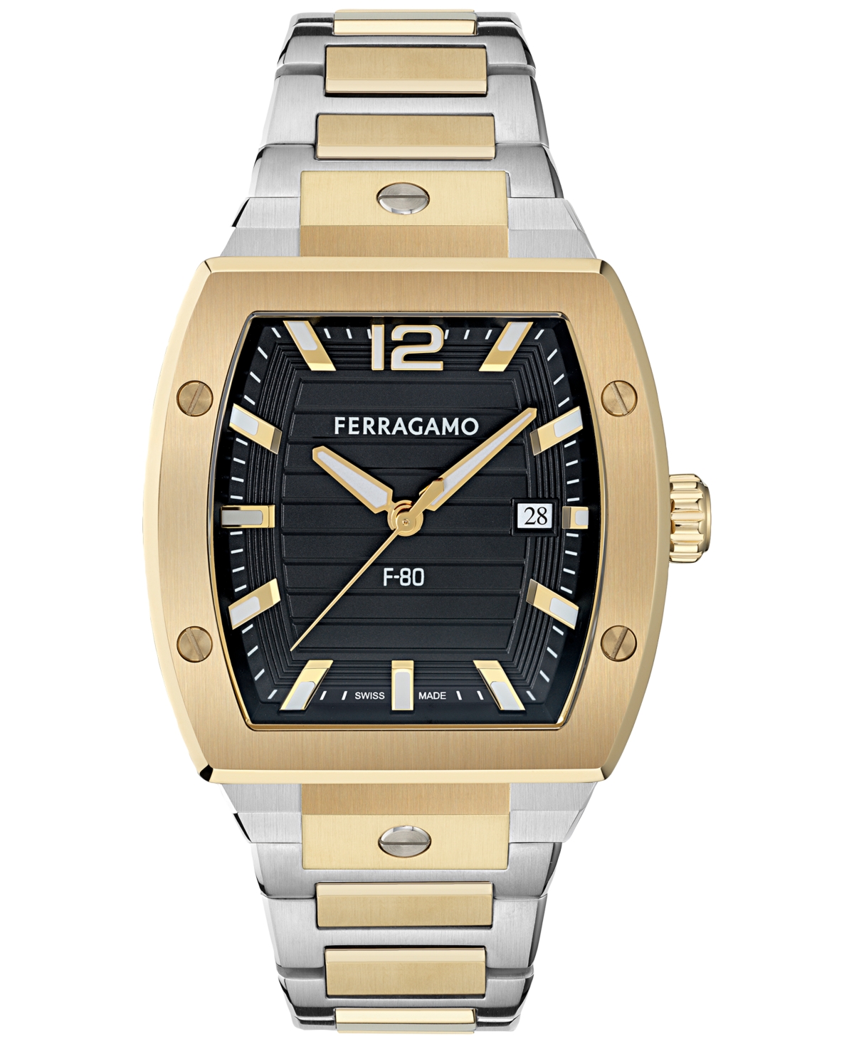 Ferragamo Men's Swiss F-80 Tonneau Two-tone Stainless Steel Bracelet Watch 42mm In Gold