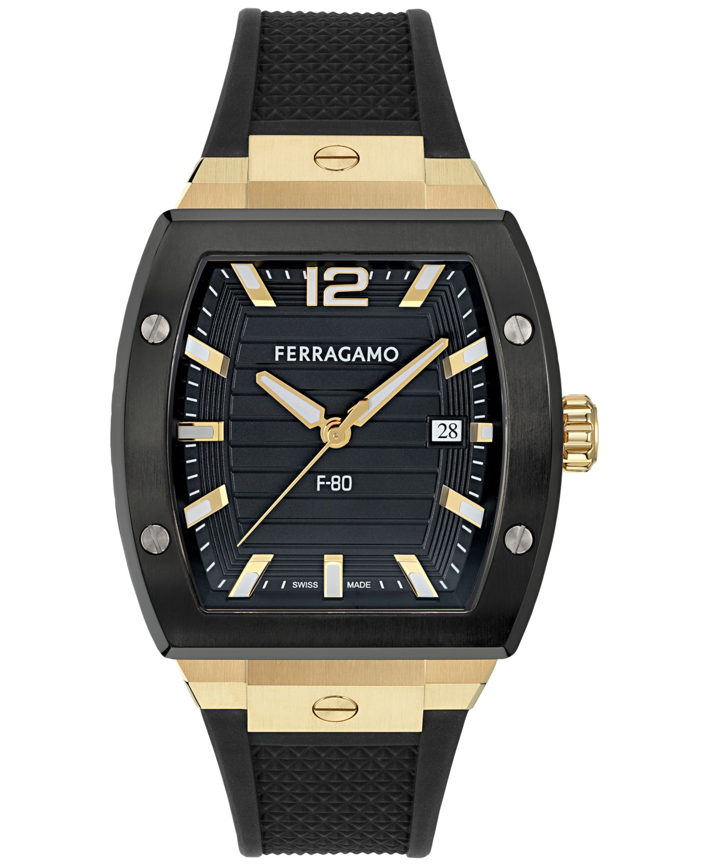 Мужские часы Ferragamo Swiss F-80 Tonneau Black Polyurethane Strap Watch 42mm — фото 1