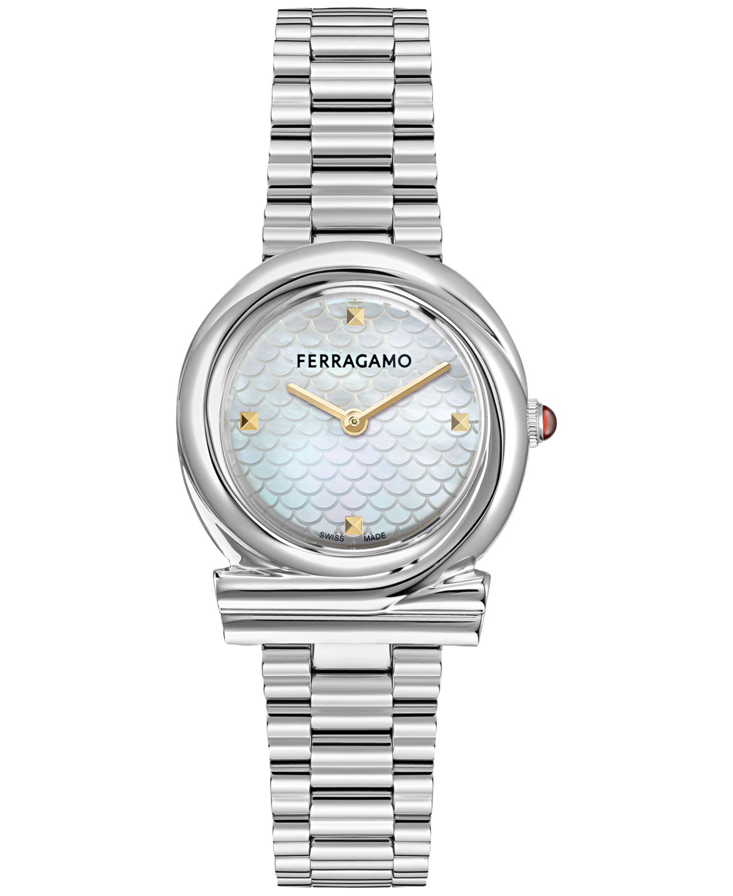Женские часы Ferragamo Gancini Twisted Stainless Steel Case Pink Mother of Pearl Bracelet Watch 32mm — фото 1