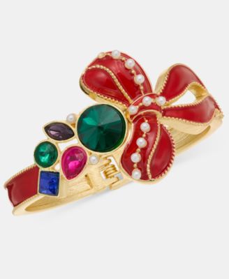 Holiday Lane - Crystal & Imitation Pearl Bow Bangle Bracelet