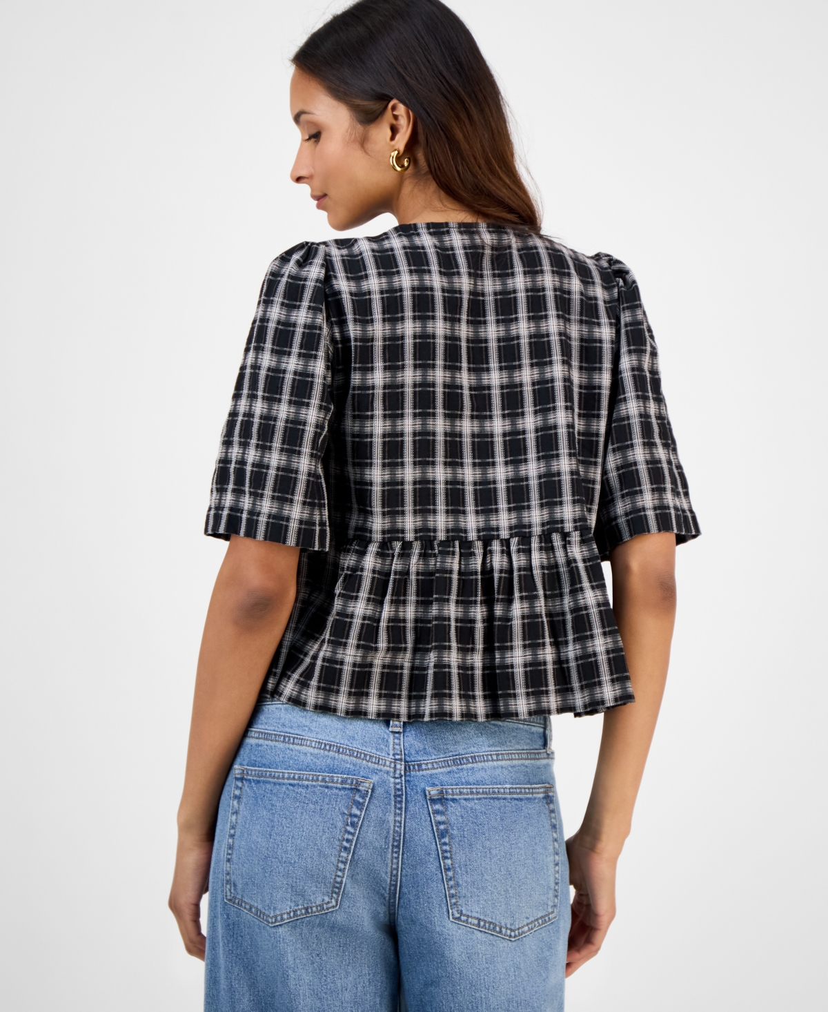 And Now This Women's Plaid Tie-front Peplum Top, Macy's Exclusive In Black