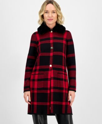 Women's Plaid Faux-Fur-Collar Coatigan