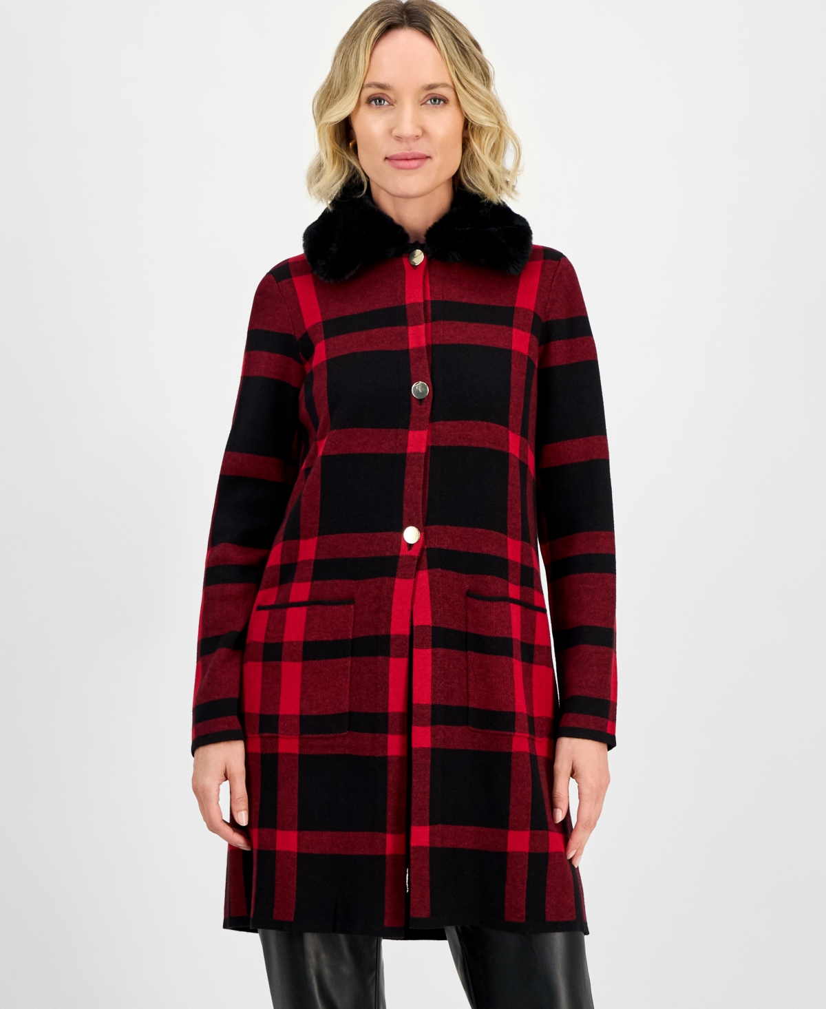 Kasper Women's Plaid Faux-Fur-Collar Coatigan