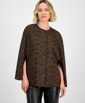 Kasper - Leopard Jacquard Snap-Front Cape-Sleeve Topper, Regular & Petites