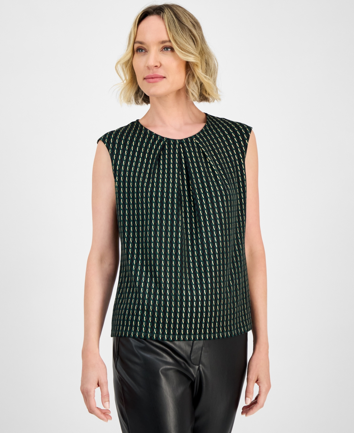 Kasper Foil Print Pleated-Neck Extended-Shoulder Top, Regular & Petites