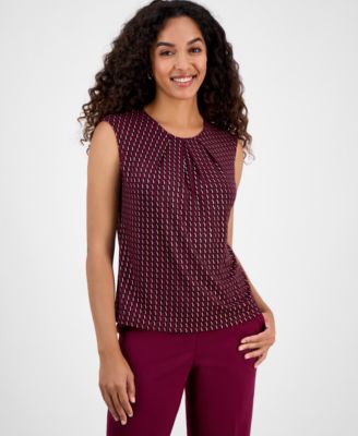 Kasper - Foil Print Pleated-Neck Extended-Shoulder Top, Regular & Petites