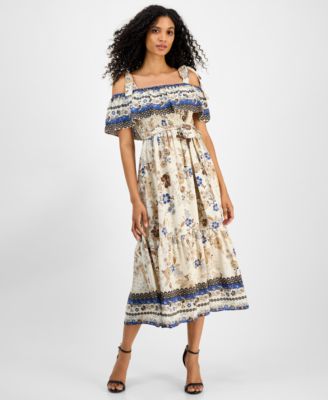 Anne Klein - Women's Printed Tie-Waist Off-The-Shoulder Dress