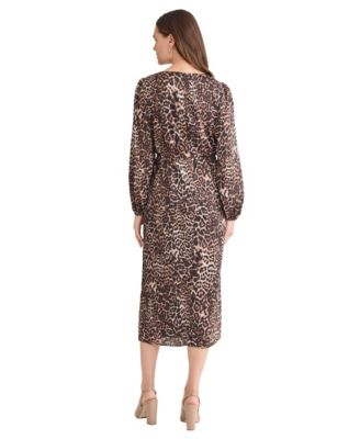 Women's Long Sleeve Shirred Front Slit Midi Dress