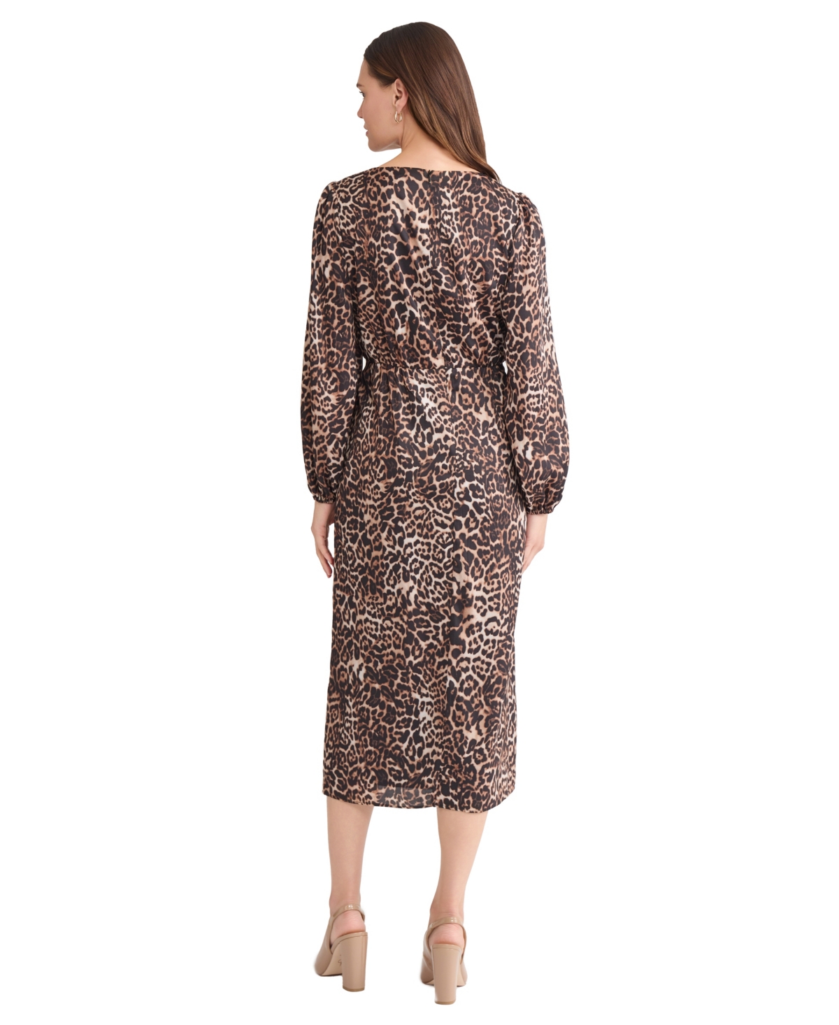 Jones New York Women's Long Sleeve Shirred Front Slit Midi Dress In Multi