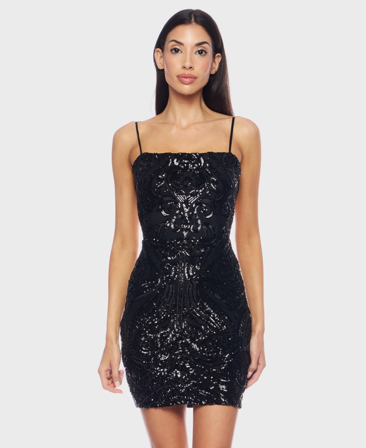 B Darlin Juniors' Strappy Mesh Sequin Bodycon Dress In Black