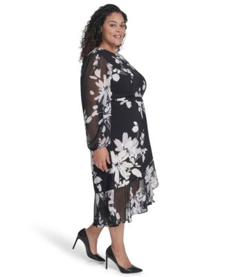 Plus Size Chiffon Long-Sleeve Midi Dress